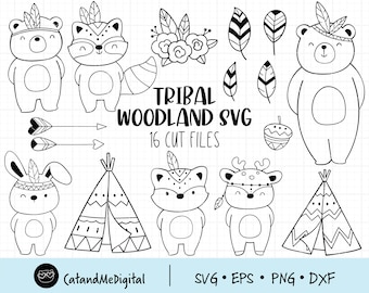 Tribal woodland animal svg Boho animals svg Woodland animals Bohemian animals svg Outline animal svg Bear Deer Rabbit Fox Dxf cut file