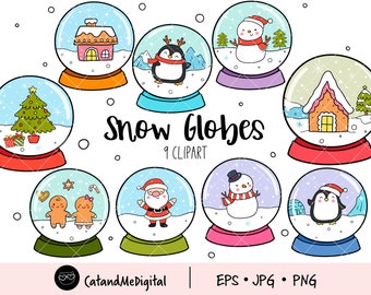 May include: Nine colorful cartoon snow globe illustrations. Each snow globe features a different winter scene, including a snowman, a penguin, a gingerbread couple, a Christmas tree, a house, and a Santa Claus. The text "Snow Globes" and "9 CLIPART" is written in black at the bottom of the image.