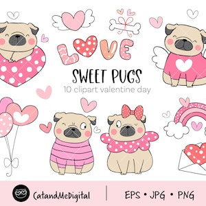Sweet Pugs Valentine Clipart Heart clipart Illustration pug Love pug Pug clipart Dog clipart Funny pug Pet clipart Valentine PNG JPG EPS