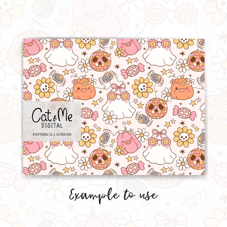 May include: A digital paper pattern featuring a cute Halloween theme with ghosts, pumpkins, candy, and skulls. The pattern is 12 x 12 inches and is perfect for crafting and scrapbooking.