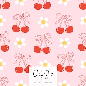 Cherry seamless pattern Cherry retro pattern Fruit repeat pattern Spring seamless file For fabric sublimation Cherry daisy digital paper