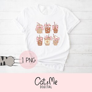 May include: White t-shirt with a graphic of six iced coffee drinks with pink bows and sprinkles. The text "1 PNG" is visible in the lower left corner of the image.