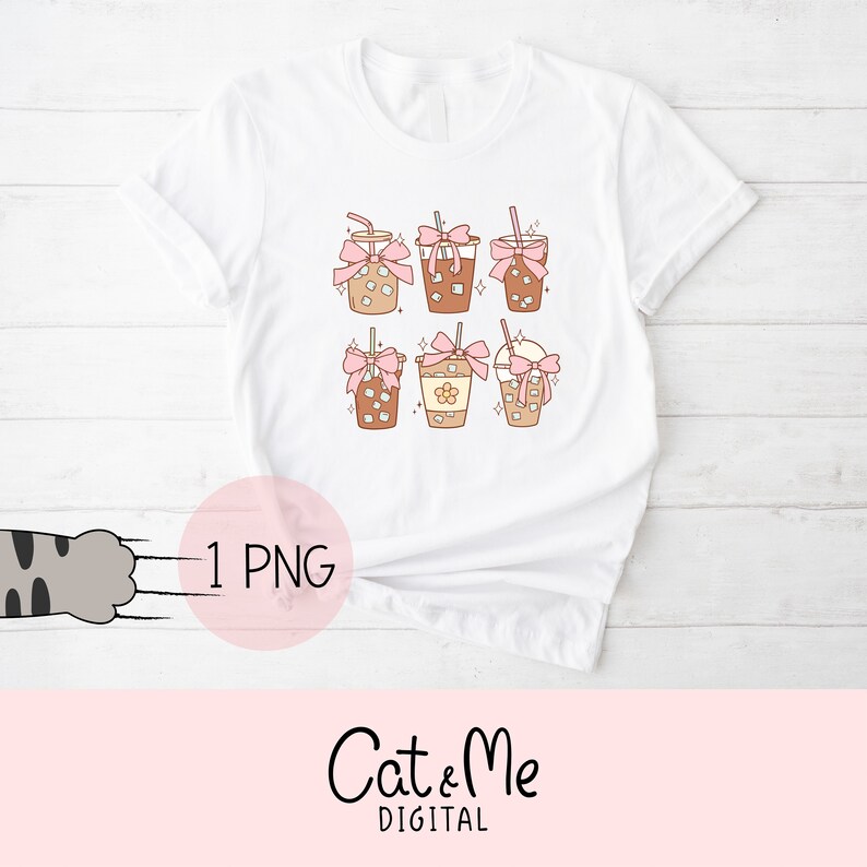 May include: White t-shirt with a graphic of six iced coffee drinks with pink bows and sprinkles. The text "1 PNG" is visible in the lower left corner of the image.