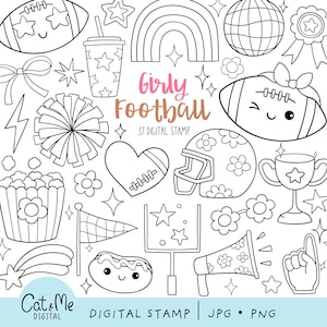Retro girly football digital stamp Doodle girl football png Trendy sport stamp Outline Soccer rugby Sport coloring Football coloring page
