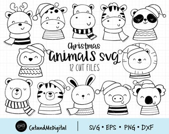 May include: A set of 12 black and white Christmas animal SVG cut files. The animals include a reindeer, giraffe, hippopotamus, zebra, panda, owl, tiger, rabbit, pig, and koala. Each animal is wearing a Santa hat and scarf.