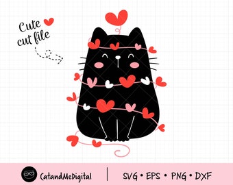 Valentine black cat with heart SVG Valentine cat svg Valentine clipart Cat lovers Kawaii cat svg Cat clipart Love svg for Cricut SVG DXF