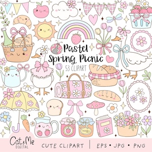 May include: A set of 53 pastel-colored spring picnic clipart images. The images include a goose, a picnic basket, a rainbow, a sun, a ladybug, a mushroom, a jar of honey, a jar of jam, a book, a flower, a carrot, a baguette, a blanket, a teapot, a cup, a croissant, a heart, a cloud, a butterfly, a daisy, a star, a flag, an apple, a strawberry, and a bread basket.