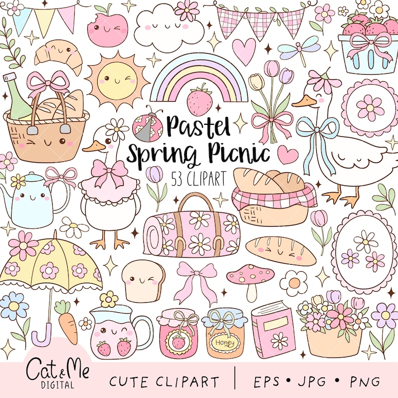 May include: A set of 53 pastel-colored spring picnic clipart images. The images include a goose, a picnic basket, a rainbow, a sun, a ladybug, a mushroom, a jar of honey, a jar of jam, a book, a flower, a carrot, a baguette, a blanket, a teapot, a cup, a croissant, a heart, a cloud, a butterfly, a daisy, a star, a flag, an apple, a strawberry, and a bread basket.