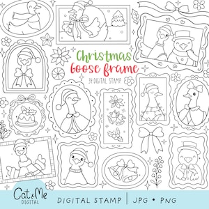 Christmas goose frames digital stamp Outline silly goose stamp Doodle winter goose Santa snowman portrait stamp png Christmas coloring page