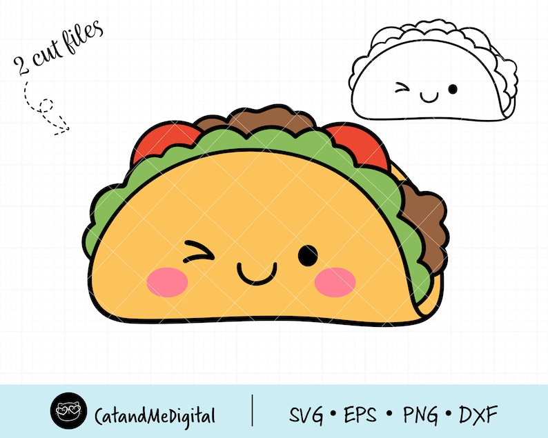 May include: A cartoon taco with a winking face and pink cheeks. The taco is filled with meat, lettuce, and tomato. The taco is yellow with a green lettuce garnish. There is a black and white outline of the taco above it.