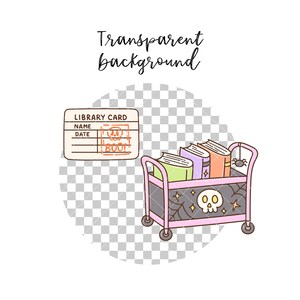 May include: A digital illustration featuring a library card with a skull stamp labeled BOO and a pink rolling cart filled with three books. The cart side panel is dark gray with a white skull, spiderweb, and star motifs. A small spider hangs from the handle.