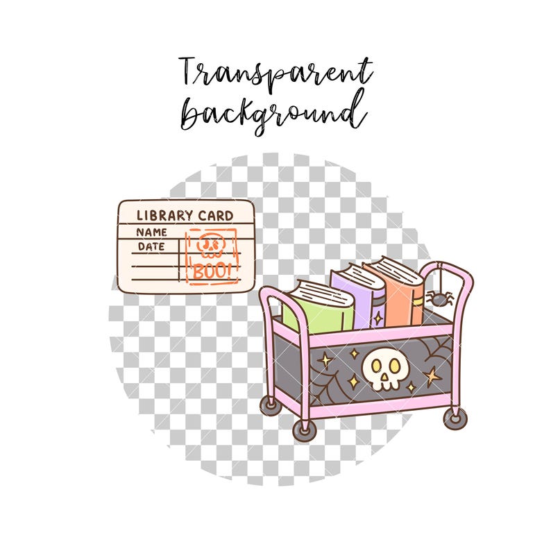 May include: A digital illustration featuring a library card with a skull stamp labeled BOO and a pink rolling cart filled with three books. The cart side panel is dark gray with a white skull, spiderweb, and star motifs. A small spider hangs from the handle.