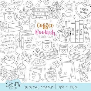 以下が含まれることがあります： 本、コーヒーマグ、アイスドリンク、クッキー、花の線画イラストを特徴とする白黒のデジタルスタンプコレクション。テキストには「one more chapter」、「reading is my therapy」、「coffee girly」、「my happy place」、「Cat & Me DIGITAL」が含まれています。
