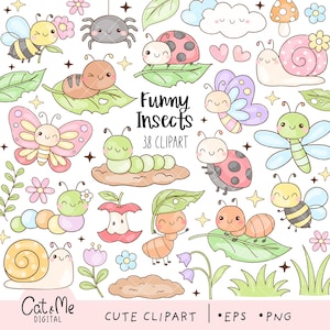 May include: A collection of cute, cartoon insects, including a bee, spider, ladybug, butterfly, and snail. The image has the text "Funny Insects 38 Clipart" and "Cute Clipart". The insects are in a variety of colors and poses.