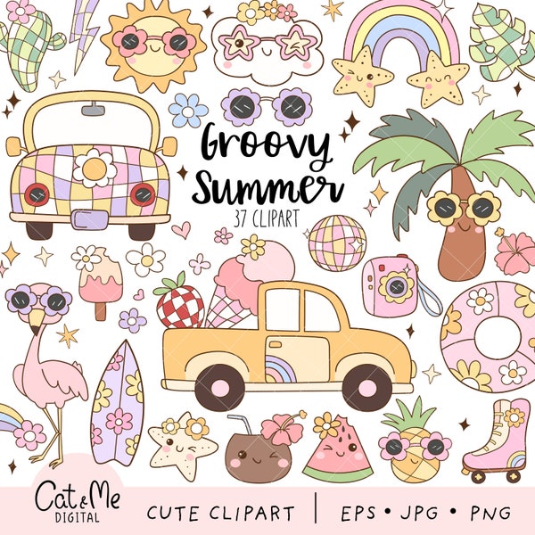 Groovy summer clipart Retro summer clipart Beach clipart Hippie 70s summer Vacation sublimation Disco Flamingo Rainbow Sea Fruits png