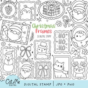 May include: Black and white digital stamps featuring Christmas-themed illustrations. Includes frames with Santa Claus, snowmen, penguins, bows, and a cat. The text "Christmas Frames" and "35 DIGITAL STAMP" are also visible.