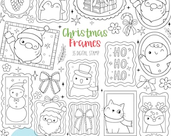 May include: Black and white digital stamps featuring Christmas-themed illustrations. Includes frames with Santa Claus, snowmen, penguins, bows, and a cat. The text "Christmas Frames" and "35 DIGITAL STAMP" are also visible.