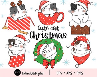 Schattige kat kerstmis clipart Cat clipart Winter clipart Grappige katten Kerst afdrukbare dieren kerstmis Kat illustratie kerstfeest png