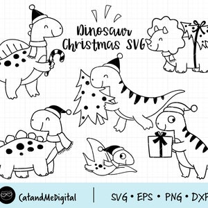 Dinosaur christmas svg Outline dinosaur svg Santa T-Rex svg Christmas tree svg Winter svg Dinosaur coloring svg Holiday cut files