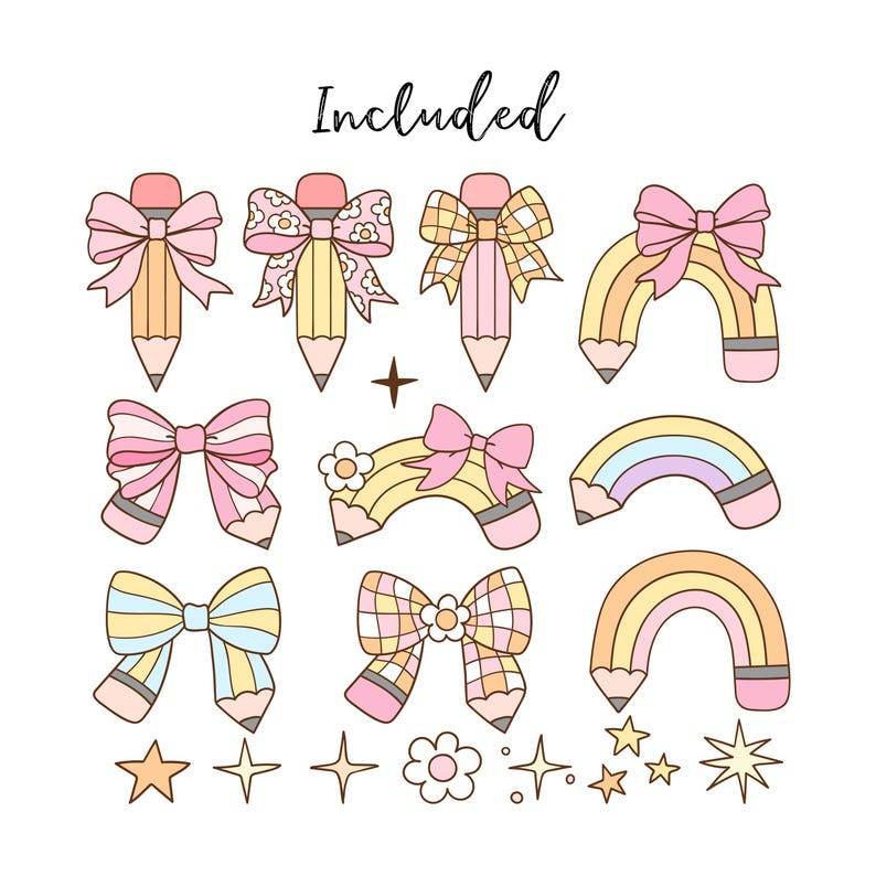 May include: A set of nine digital clipart images featuring cute pencil and rainbow designs. The images include pencils with bows, rainbows with bows, and stars. The images are in pink, yellow, and blue colors.  Included.