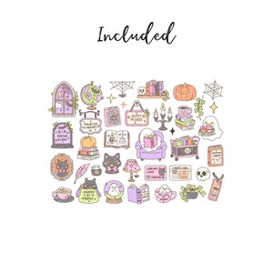 May include: A collection of pastel-colored stickers featuring illustrations of ghosts, black cats, books, pumpkins, skulls, and library-themed items. The text includes "Included", "R.I.P. BORING BOOKS", "HAUNTED LIBRARY", "DARK TALES", "QUIET PLEASE", "LIBRARY CARD", and "TOO CUTE TO SPOOKY".