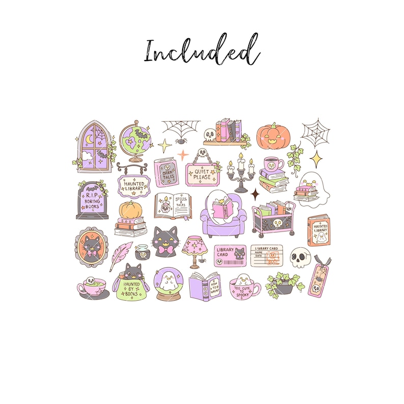 May include: A collection of pastel-colored stickers featuring illustrations of ghosts, black cats, books, pumpkins, skulls, and library-themed items. The text includes "Included", "R.I.P. BORING BOOKS", "HAUNTED LIBRARY", "DARK TALES", "QUIET PLEASE", "LIBRARY CARD", and "TOO CUTE TO SPOOKY".