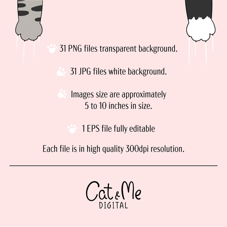 May include: A pink background with text describing digital files. The text includes: 31 PNG files, 31 JPG files, image sizes approximately 5 to 10 inches, and 1 EPS file. The logo "Cat & Me DIGITAL" is at the bottom.
