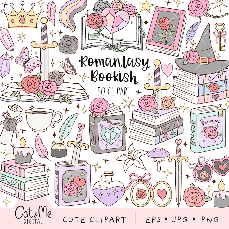 May include: A collection of cute clipart illustrations with a fantasy theme. The image features books, swords, roses, hearts, a crown, and a witch hat. Text includes "Romantasy Bookish 50 Clipart" and "Cat & Me Digital".