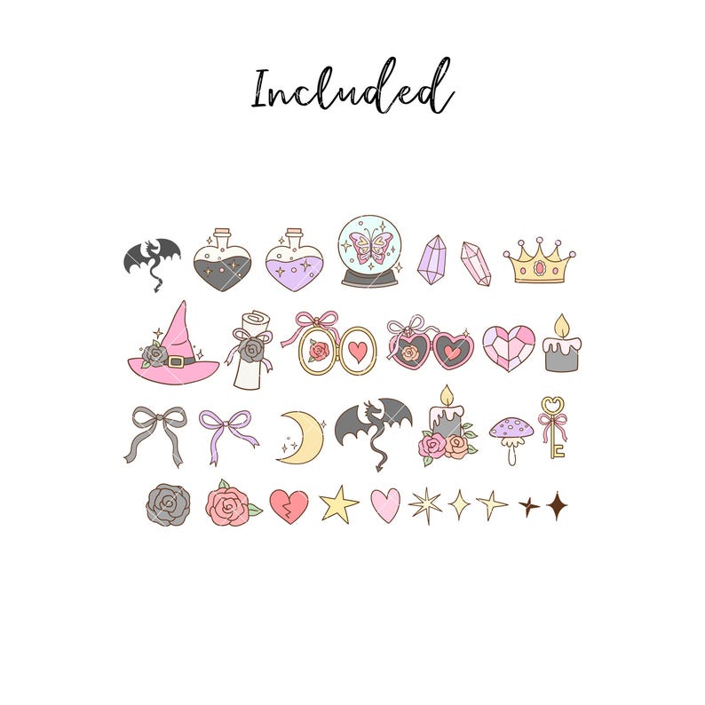 May include: A collection of whimsical, hand-drawn illustrations featuring a witch's hat, potion bottles, a crystal ball with a butterfly, crystals, a crown, hearts, bows, a crescent moon, a bat, a candle, a mushroom, a key, roses, stars, and the word "Included".