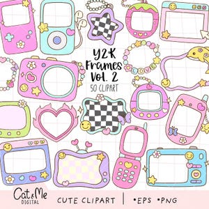 May include: A collection of digital clipart frames featuring Y2K-inspired designs including handheld game consoles, cameras, flip phones, and heart shapes in pastel colours with checkerboard patterns, stars, flowers, and smiley face icons.