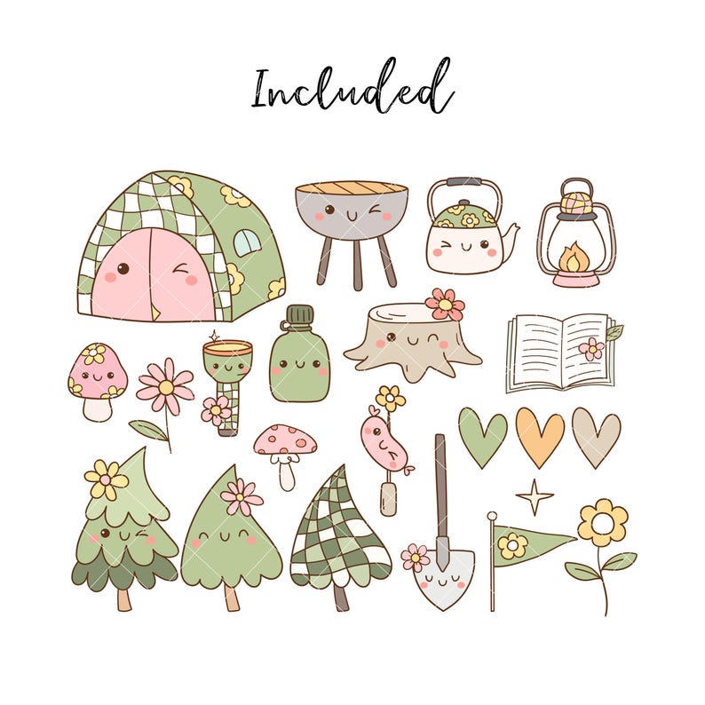 May include: A set of 16 cute camping themed illustrations, including a tent, a campfire, a lantern, a teapot, a tree stump, a book, a flashlight, a water bottle, a mushroom, a flower, a bird, a heart, a shovel, a flag, and a flower. The illustrations are in a cartoon style and are perfect for use in scrapbooking, card making, or other craft projects.