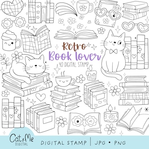 May include: A set of 40 black and white digital stamps featuring a retro book lover theme. The stamps include cats, books, coffee cups, candles, and flowers. The text "Retro Book Lover" is included in the image.