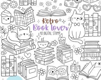 Retro book lover digital stamp Doodle groovy disco book png Outline trendy bookish png Cozy reading stamp Flower book file Coloring page png
