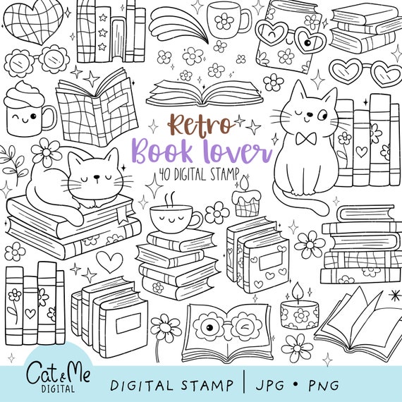Retro book lover digital stamp Doodle groovy disco book png Outline trendy bookish png Cozy reading stamp Flower book file Coloring page png