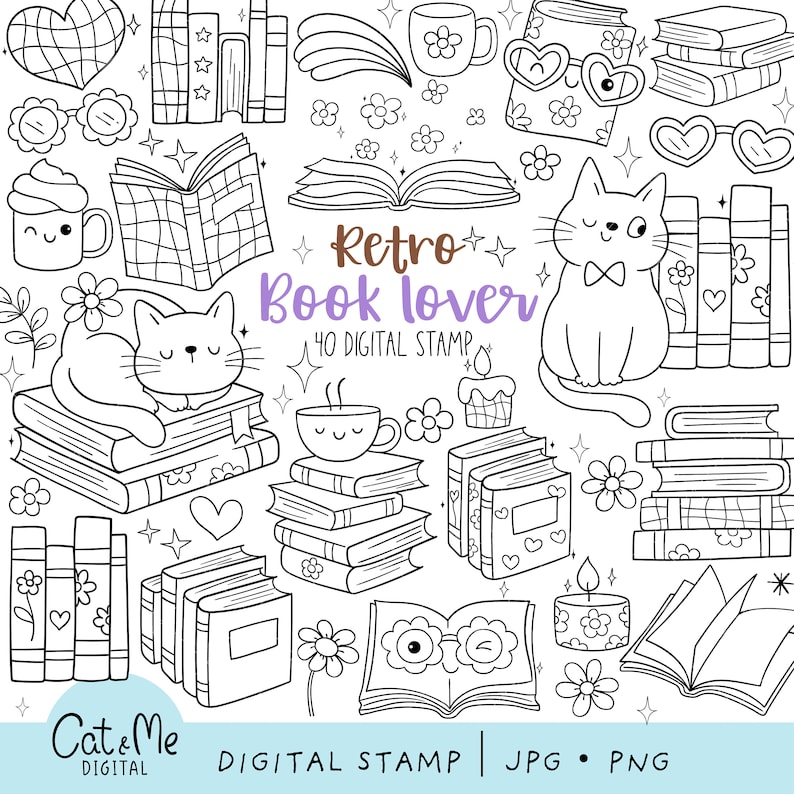 May include: A set of 40 black and white digital stamps featuring a retro book lover theme. The stamps include cats, books, coffee cups, candles, and flowers. The text "Retro Book Lover" is included in the image.
