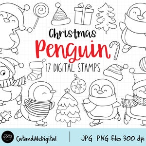 Christmas penguin digital stamp Christmas clipart Penguin illustration Winter animals Penguin outline Penguins stamp Coloring page clipart