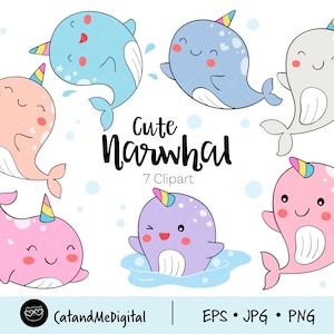 K&ouml;nnte beinhalten: Satz mit sieben Cartoon-Narwal-Illustrationen in verschiedenen Farben, darunter rosa, blau, lila und grau. Jeder Narwal hat ein Einhornhorn und einen freundlichen Ausdruck. Der Text "Cute Narwhal 7 Clipart" ist im Bild enthalten.