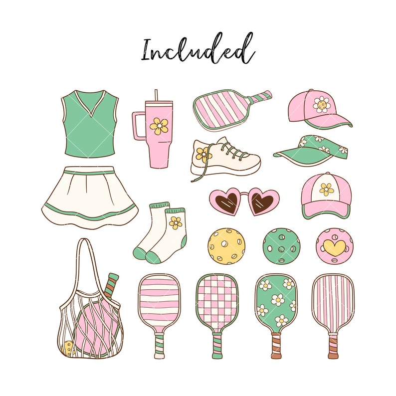 May include: A set of 14 digital illustrations featuring a variety of items related to pickleball, including paddles, balls, a visor, a t-shirt, a skirt, socks, sunglasses, a tote bag, and a drink.