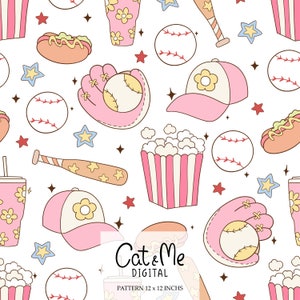 May include: A seamless pattern featuring pink and yellow baseball-themed illustrations on a white background. The pattern includes baseballs, bats, popcorn, hot dogs, baseball gloves, and hats. The text "Cat & Me DIGITAL PATTERN 12 x 12 INCHES" is at the bottom of the image.