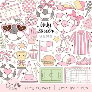 Może przedstawiać: Kolekcja uroczych, r&oacute;żowych i szarych clipart&oacute;w o tematyce piłkarskiej. Zawiera piłki nożne, koszulkę, boisko, trofeum, burgera oraz tekst "Girly Soccer 53 CLIPART".