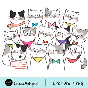 Funny cats clipart Happy cat png Kawaii kittens Illustration Cat lover png Animal clipart Outline stamp png Cat gift shirt clipart
