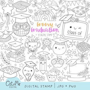 Groovy graduation digital stamp Outling school coloring Doodle grad floral Graduation hat png Graduation party kids png School coloring page