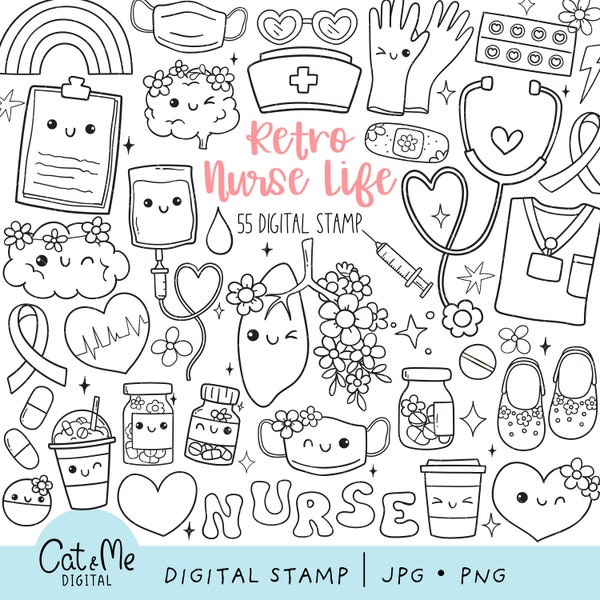 Retro nurse life digital stamp Doodle outline nurse Medical coloring png Groovy positive vibes png Flower png Health care png Coloring page