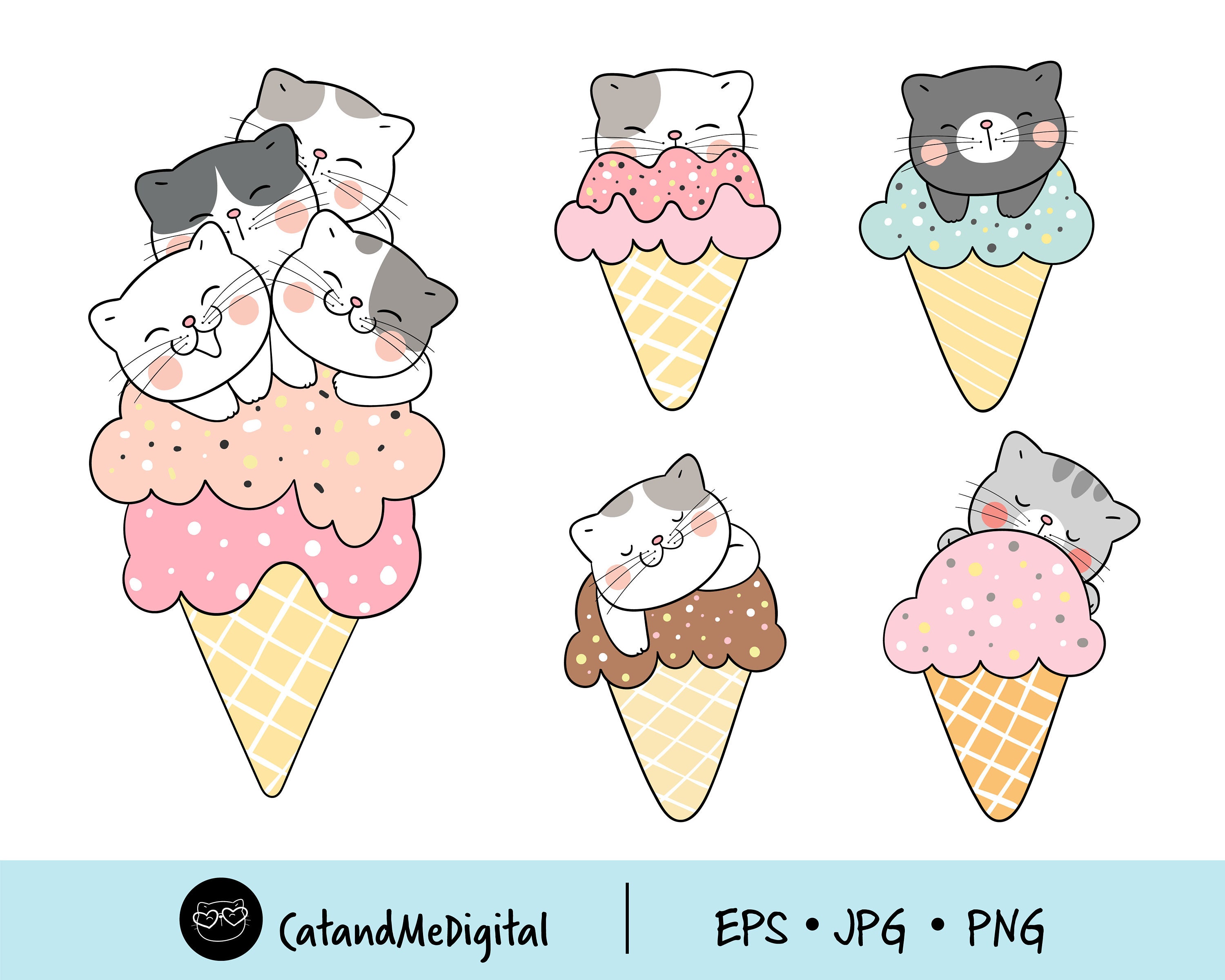 アイスクリームに乗ったかわいい猫のクリップアート（PNG、JPG、EPS