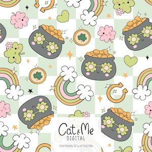 Pode incluir: Um padrão sem costura com um esquema de cores verde, branco e dourado. O padrão inclui arco-íris, potes de ouro, trevos, corações e estrelas. O texto "Cat & Me Digital" e "Pattern 12 x 12 inches" está incluído no design.