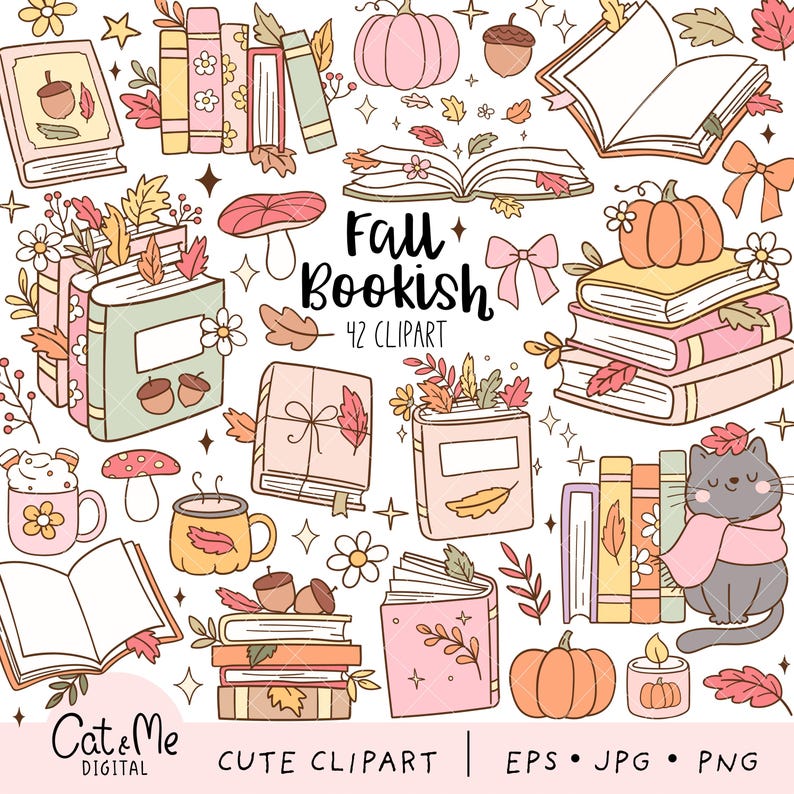 May include: A set of 42 fall-themed clipart illustrations featuring books, pumpkins, leaves, and other autumnal elements. The illustrations are in a cute, cartoon style and are perfect for use in digital scrapbooking, card making, and other craft projects.