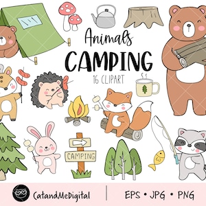 Animals camping clipart Woodland clip art Summer camp clipart Camping forrest animal Camper animals Bear Fox Deer Squirrel Raccoon