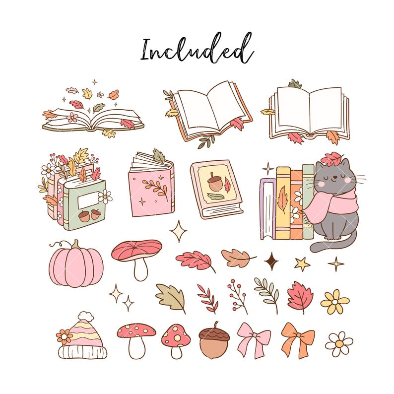 May include: A set of autumn-themed digital clipart featuring a cat, books, leaves, pumpkins, mushrooms, acorns, and stars. The clipart is in a cartoon style with pastel colors.