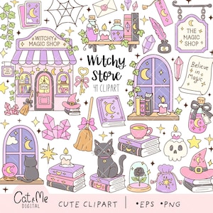 Puede incluir: Una colección de ilustraciones digitales que incluye una tienda de magia, un gato negro, libros de hechizos, pociones, cristales, una escoba, un sombrero de bruja, velas y estrellas. El texto dice Witchy Store 41 Clipart y The Magic Shop.