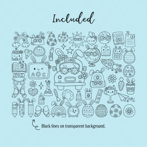 Op de afbeelding: Zwart-witte lijntekeningen van verschillende schoolthema-objecten, waaronder een schoolbus, een globe, een rugzak, een potlood, een regenboog, een klok en een appel. De tekst "Included" staat bovenaan de afbeelding. De tekst "Black lines on transparent background." staat onderaan de afbeelding.
